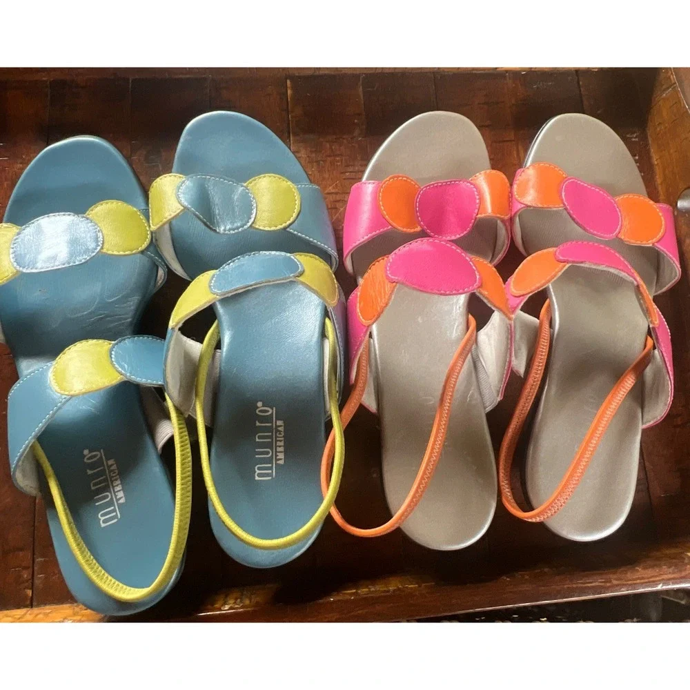 Munro Lot Colorful Leather Slip On Slides Sandals Heels 8W Blue Green Pink Orang